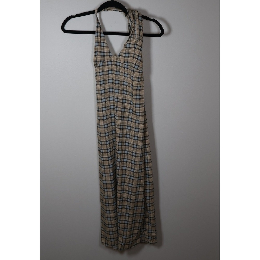Motel Rocks Dress Medium Tan Blue Plaid Halter Neck Open Back Lenata Midi